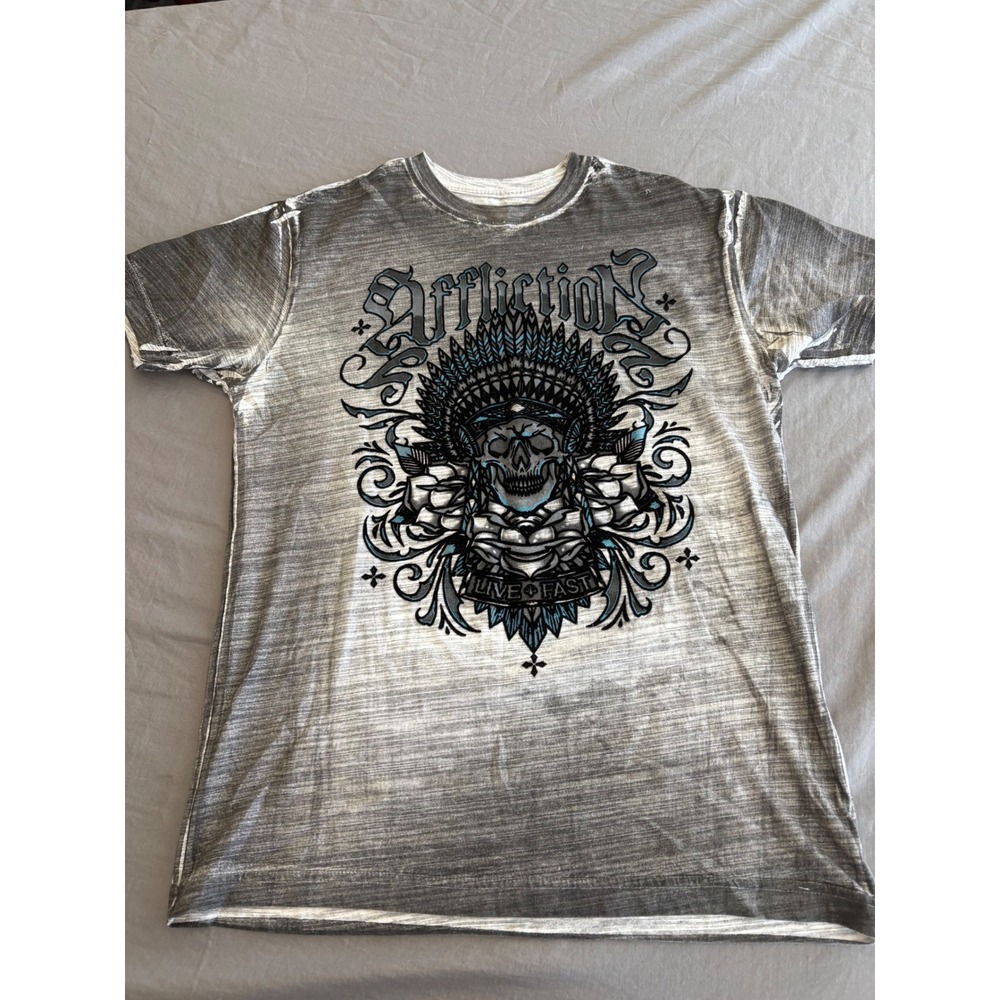 Affliction Live Fast Mens Large Grey Burnout Skull Headdress Graphic T-Shirt L